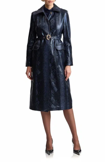 Avec Les Filles Snakeskin Embossed Faux Leather Belted Trench Coat In Blue