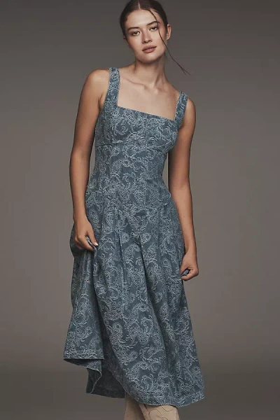 Avec Les Filles Square-neck Embroidered Denim Midi Dress In Gray