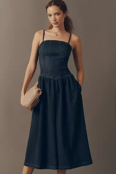Avec Les Filles Square-neck Drop-waist Sleeveless Midi Dress In Blue