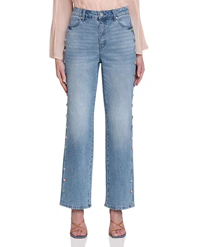 Avec Les Filles Stone Embellished Stretch Denim Wide Leg Jeans In Flutter Wash In Blue