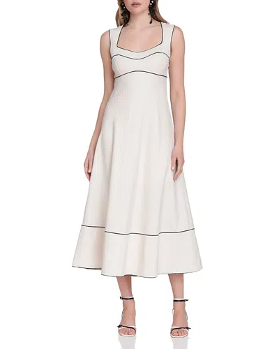 Avec Les Filles Stretch Linen Blend Contrast Piping Midi Dress In White