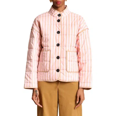 Avec Les Filles Stripe Boxy Quilted Cotton Blend Jacket In Pink