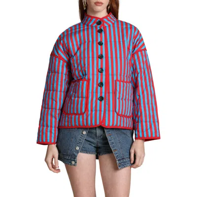 Avec Les Filles Stripe Boxy Quilted Cotton Blend Jacket In Purple