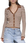 Avec Les Filles Striped Pointelle Polo Cardigan In Brown