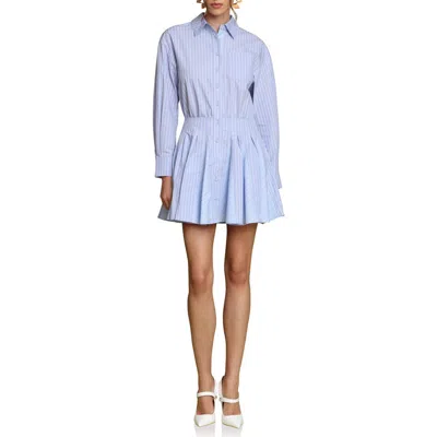 Avec Les Filles Stripe Long Sleeve Cotton Button-up Minidress In Blue