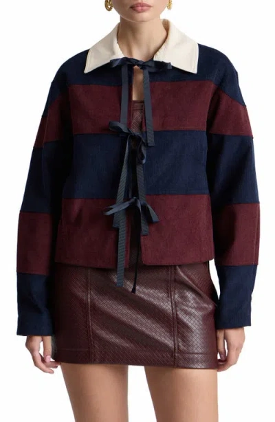 Avec Les Filles Striped Corduroy Rugby Jacket With Front Ties In Burgundy