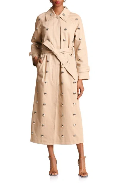 Avec Les Filles Stud Detail Cotton Blend Trench Coat In Neutral