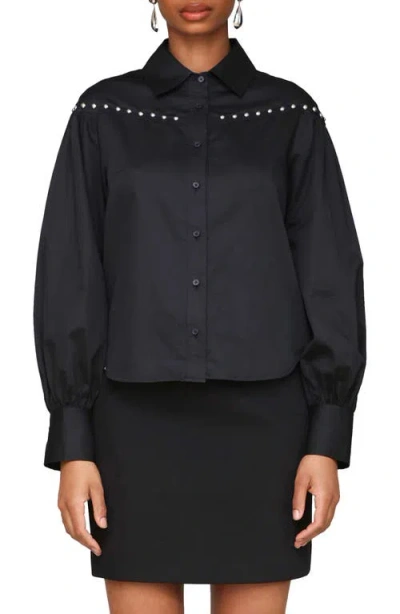 Avec Les Filles Studded Puff Sleeve Button-up Shirt In Black
