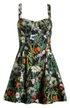 Avec Les Filles Sweetheart Fit & Flare Minidress In Black Butterfly Floral