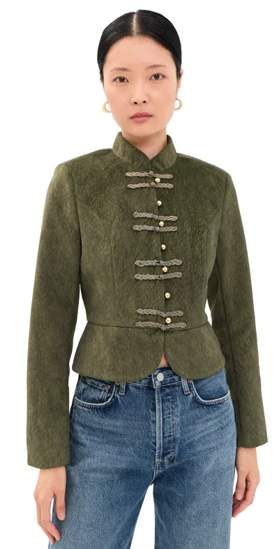 Avec Les Filles Textured Faux Suede Peplum Military Jacket Dark Olive In Green