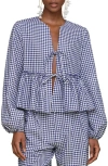 Avec Les Filles Tie Front Gingahm Linen Blend Top In Navy-white Gingham