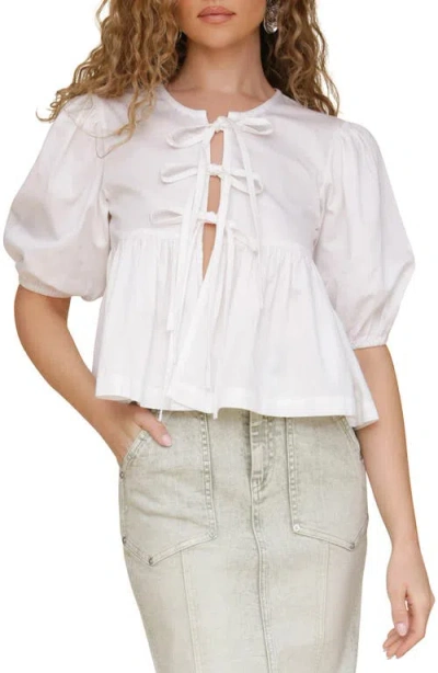 Avec Les Filles Tie Front Puff Sleeve Cotton Top In White
