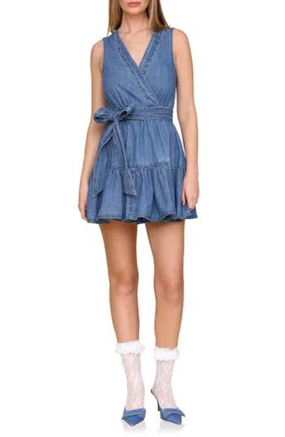 Avec Les Filles Tie Waist Wrap Denim Minidress In Light Wash