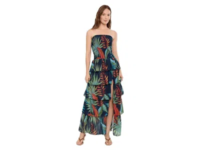 Avec Les Filles Mixed Print Strapless Tiered Maxi Dress In Blue
