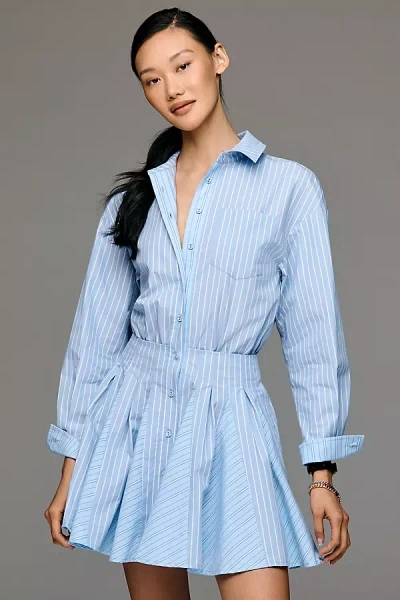 Avec Les Filles Waisted Long-sleeve Shirt Dress In Blue