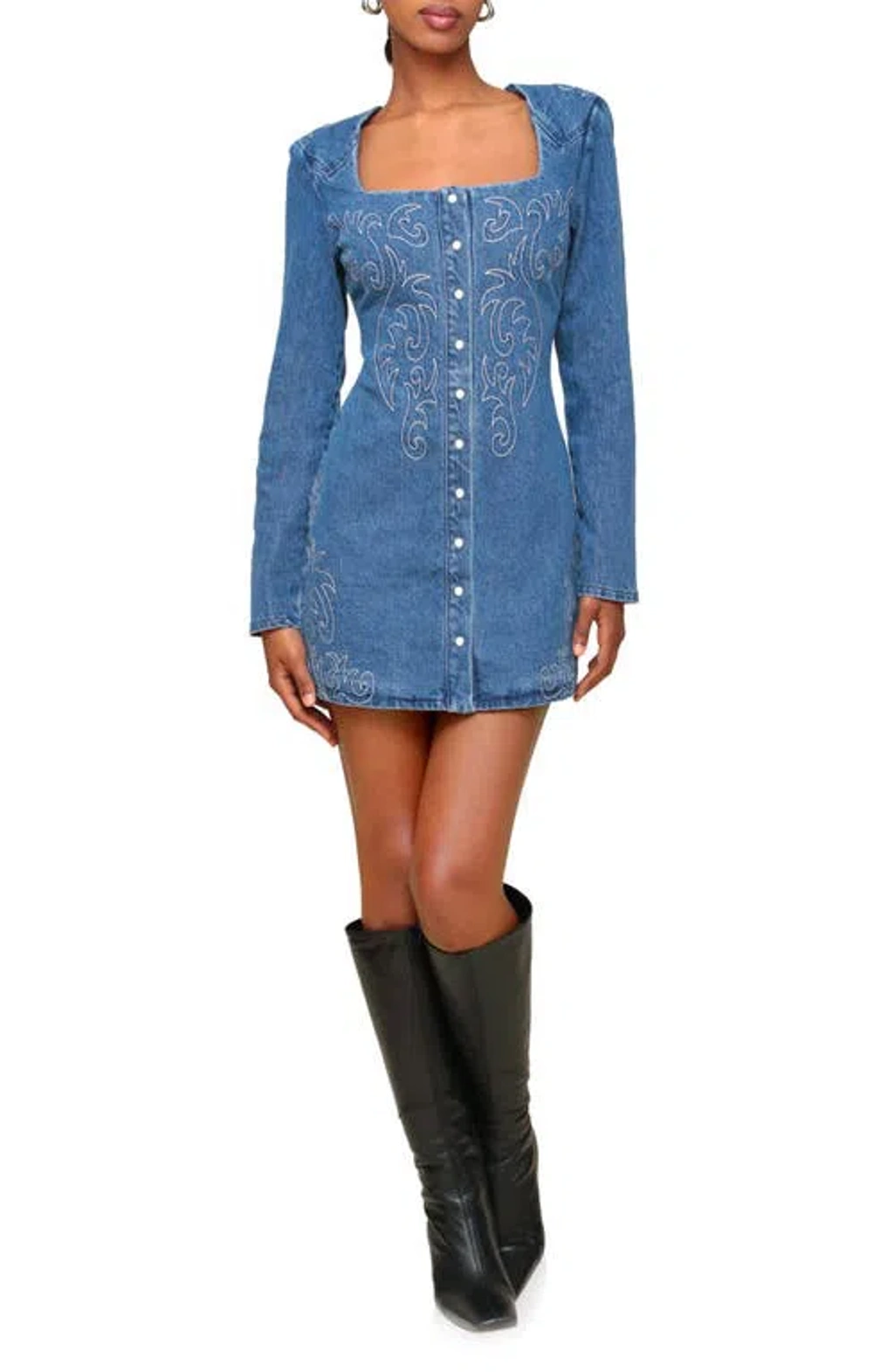 Avec Les Filles Western Embroidered Long Sleeve Denim Minidress In Provence  W | ModeSens