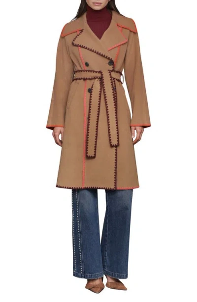 Avec Les Filles Whipstitch Trim Belted Double Face Coat In Brown