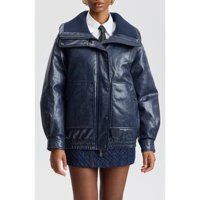 Avec Les Filles Wide Collar Oversized Padded Faux Leather Bomber Jacket In Blue