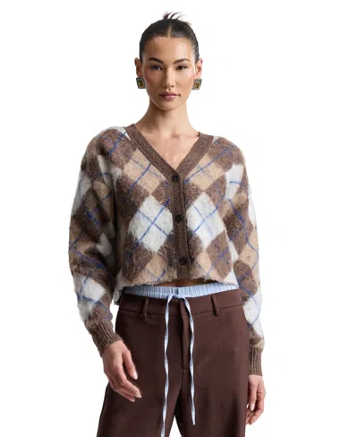 Avec Les Filles Women's Argyle Jacquard Cardigan In Brown Argyle