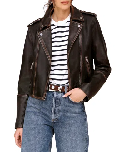 Avec Les Filles Women's Asymmetric Leather Moto Jacket In Vintage Black