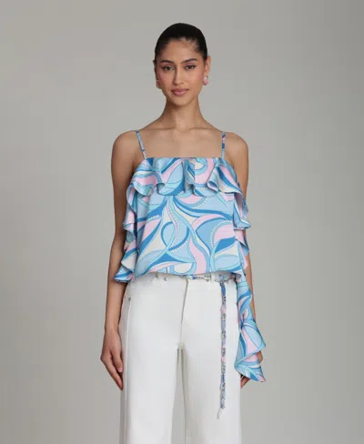 Avec Les Filles Women's Asymmetrical Ruffle Detail Square Neck Top In Blue
