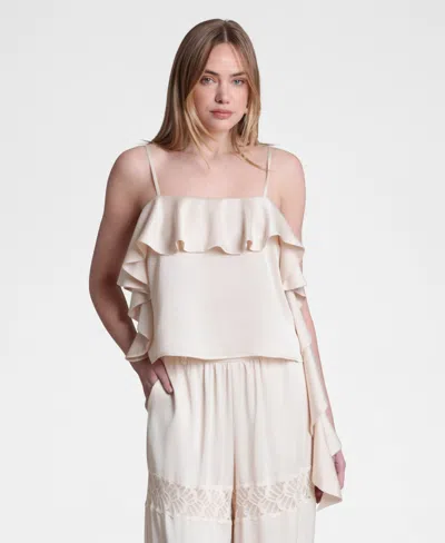 Avec Les Filles Women's Asymmetrical Ruffle Detail Square Neck Top In Neutral