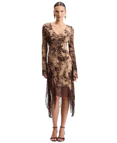 Avec Les Filles Women's Asymmetrical V-neck Long-sleeve Midi Dress In Neutral