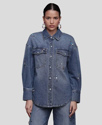 Avec Les Filles Women's Bejeweled Long Sleeves Oversized Shirt In Blue