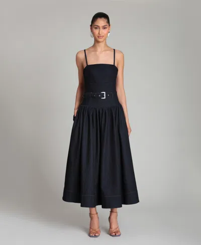 Avec Les Filles Women's Belted Drop Waist Stretch Denim Midi Dress In Blue