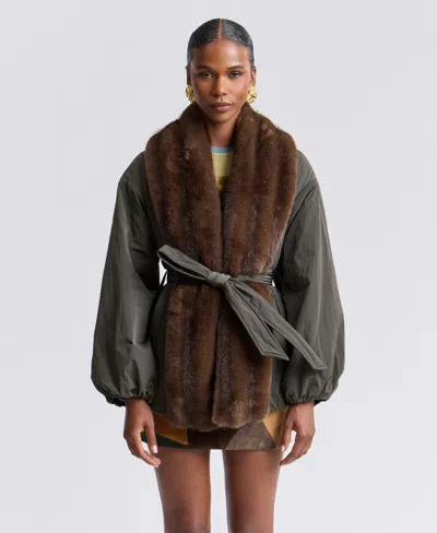 Avec Les Filles Women's Belted Faux-fur-trim Shawl Collar Puffer Jacket In Dark Forest Mink