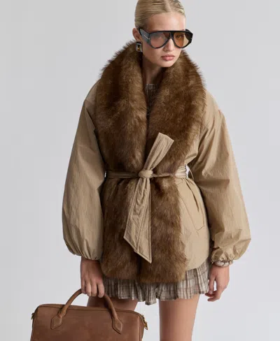 Avec Les Filles Women's Belted Faux-fur-trim Shawl Collar Puffer Jacket In Sand Brown