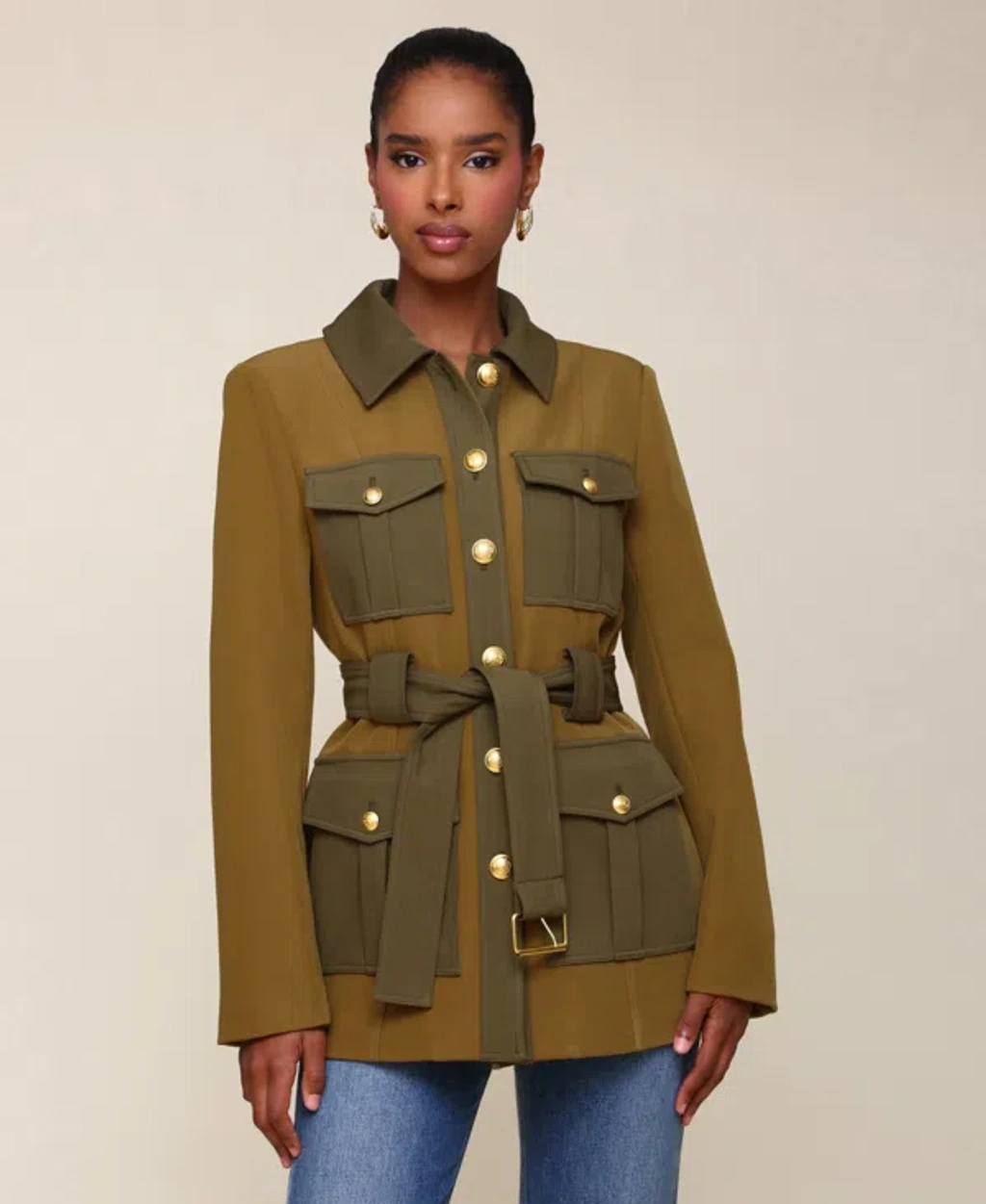 Avec Les Filles Women's Belted Long-sleeve Military Jacket In Army