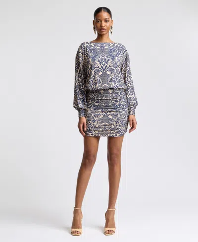 Avec Les Filles Women's Boat Neck Ruched Printed Mini Dress