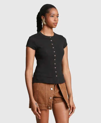 Avec Les Filles Women's Button-front Crewneck Top In Black