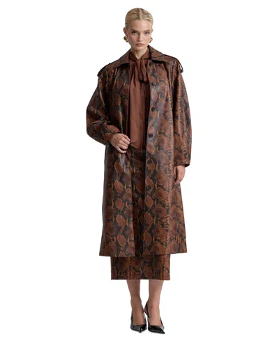 Avec Les Filles Women's Button-front Spread Collar Maxi Coat In Brown,black,python