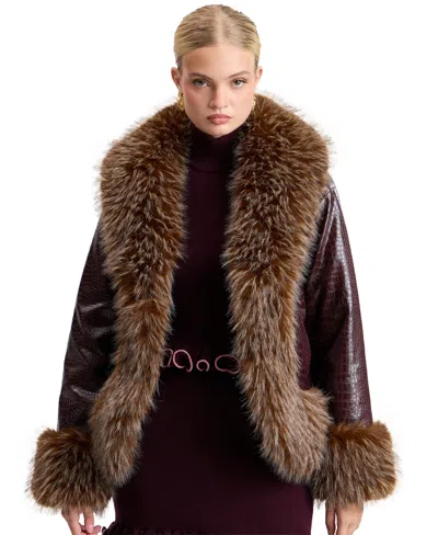 Avec Les Filles Women's Cocoon Shawl Collar Faux Fur Trim Short Jacket In Blue