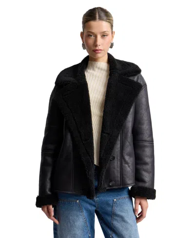Avec Les Filles Women's Collared Faux Shearling Coat In Black