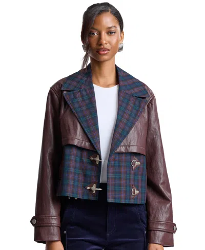 Avec Les Filles Women's Colorblocked Cropped Spread Collar Trench Jacket In Blue