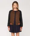 Avec Les Filles Women's Combo Sleeve And Roll Collar Varsity Bomber Jacket In Brown