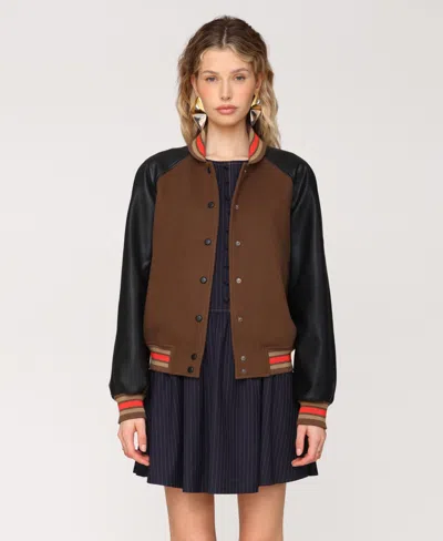 Avec Les Filles Women's Combo Sleeve And Roll Collar Varsity Bomber Jacket In Brown