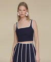 Avec Les Filles Womens Contrast Trim Linen Blend Crop Top Contrast Trim Linen Blend Midi Skirt In Navy,white
