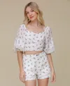 Avec Les Filles Womens Cotton Balloon Sleeve Top Cotton Textured Crocheted Trim Shorts In White