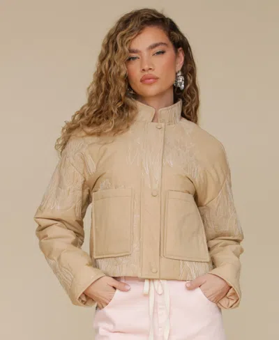 Avec Les Filles Women's Cotton Embroidered Cropped Jacket In Tan,ivory Quilting