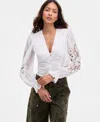 Avec Les Filles Women's Cotton Pintuck Lace-trim Button-front Blouse In White