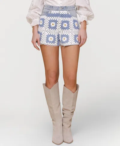 Avec Les Filles Crochet Denim Cutoff Shorts In Blue