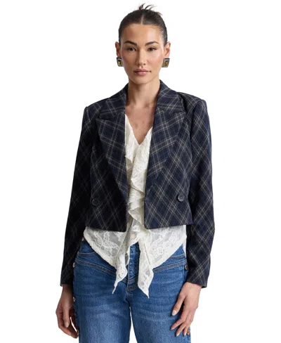 Avec Les Filles Women's Cropped Double-breasted Blazer In Navy Plaid Argyle