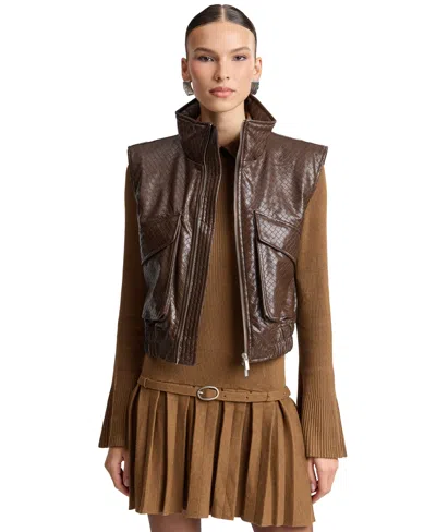 Avec Les Filles Women's Cropped Sleeveless Mock Neck Puffer Vest In Java