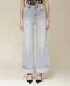 Avec Les Filles Womens Floral Print Fitted T Shirt Cuffed High Rise Wide Leg Jeans In Mariposa Wash