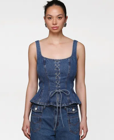 Avec Les Filles Women's Denim Lace-up Peplum Top In Blue