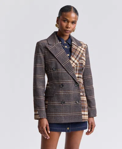 Avec Les Filles Women's Double-breasted Blazer In Navy Copper Plaid Multi